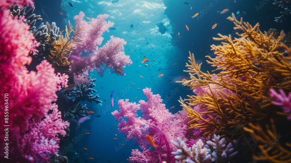 Obraz premium A coral reef with many different types of fish swimming around it, AI