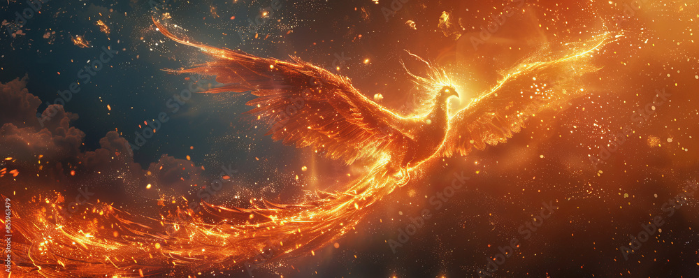 A phoenix rising from the ashes, its wings ablaze with fire. A phoenix rising from the ashes, its wings ablaze with fire.