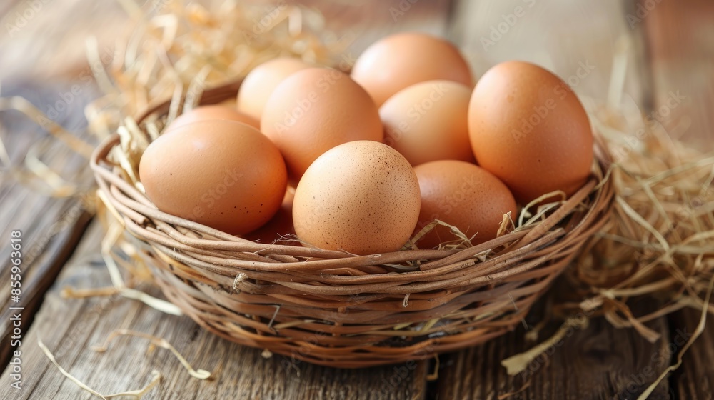 Eggs in basket on table focus on fresh chicken eggs Eggs in basket on table focus on fresh chicken eggs