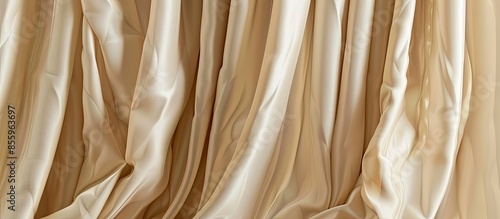 Curtain background. Khaki curtain with folds. Cream color fabric Backdrop. . Copy space image. Place for adding text and design photo