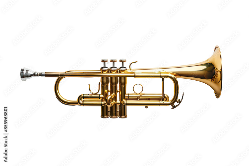 Fototapeta premium Golden trumpet isolated on white background. Brass musical instrument with intricate details and shiny finish, perfect for music-related themes.