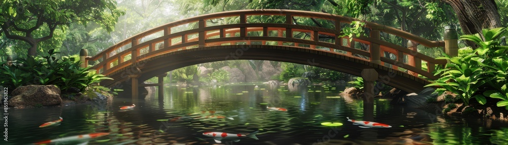 Fototapeta premium Wooden bridge crossing over a serene koi pond