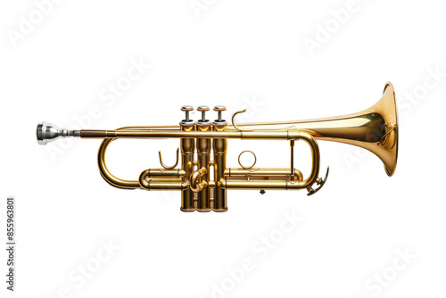 Golden trumpet isolated on white background. Brass musical instrument with intricate details and shiny finish, perfect for music-related themes.