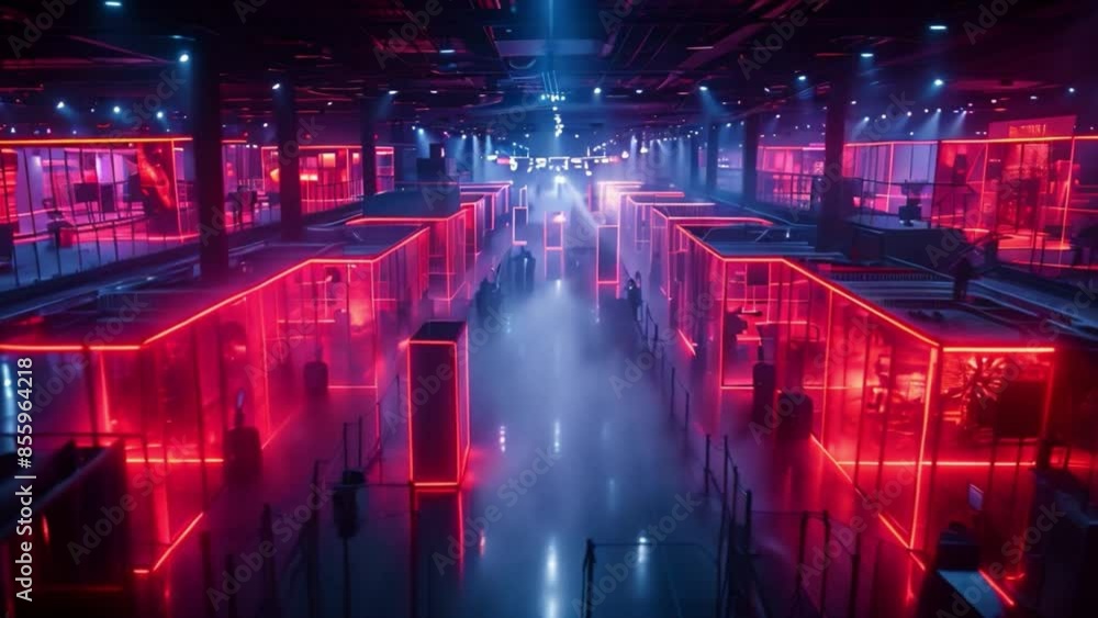 This nighttime view of a large event space with multiple neon-lit enclosures. Laser tag arena This nighttime view of a large event space with multiple neon-lit enclosures. Laser tag arena