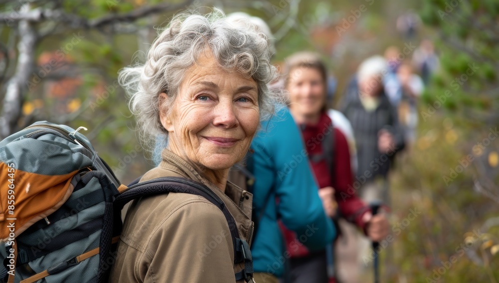 The older generation leads the group on a scenic hike, while everyone enjoys nature. Multiracial group, multigenerational The older generation leads the group on a scenic hike, while everyone enjoys nature. Multiracial group, multigenerational
