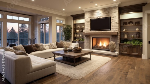 Wallpaper Mural Inviting Living Room with Fireplace and High Ceilings Ideal for Relaxation Torontodigital.ca