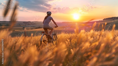 A woman bikes through a field as the sun dips below the horizon. © Suleyman