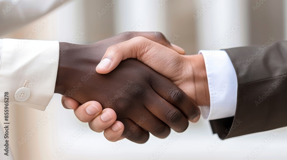 Symbolizing trust and support to fight racial discrimination, a close-up image of a lawyer shaking hands with a client of another ethnicity Symbolizing trust and support to fight racial discrimination, a close-up image of a lawyer shaking hands with a client of another ethnicity