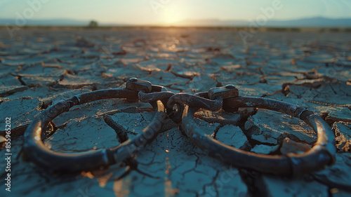 Old handcuffs on cracked, dry ground at sunset.