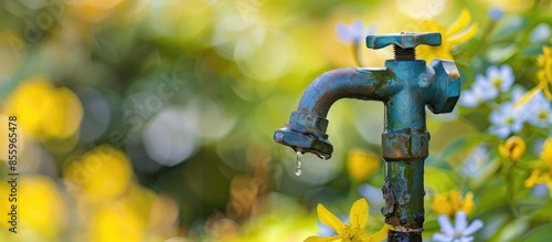 Close up of garden tap, not closed properly has a water droplet. Water rubber valve fitted in iron pipe. Copy space image. Place for adding text and design