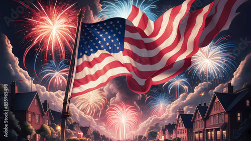 An American Flag is flying and waving over the city with fireworks to celebrate Happy Independence Day