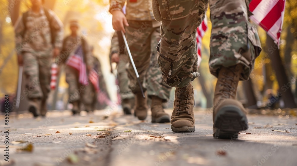 The Memorial Day parade is accompanied by a group of veterans saluting the flag, with copy space and a blurred background The Memorial Day parade is accompanied by a group of veterans saluting the flag, with copy space and a blurred background