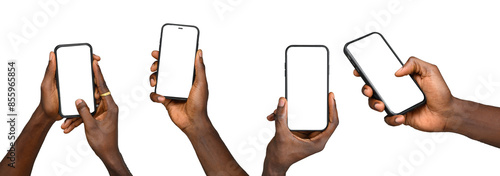 Group of Black Hand holding the black smartphone iphone with blank screen and modern frameless design in two rotated perspective positions - isolated on white background 
