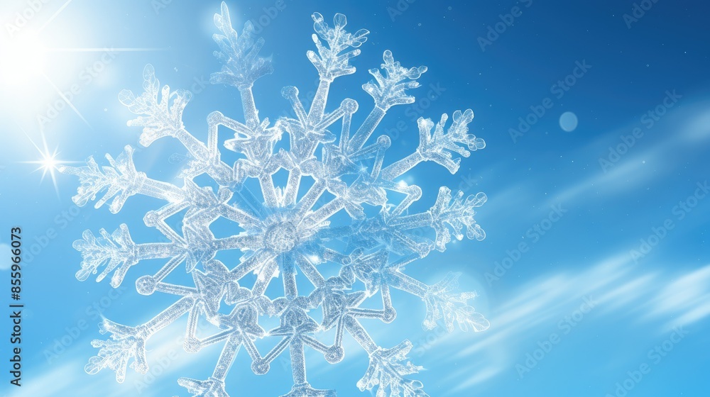 snowflake with beautiful light and snowflakes on blue sky snowflake with beautiful light and snowflakes on blue sky