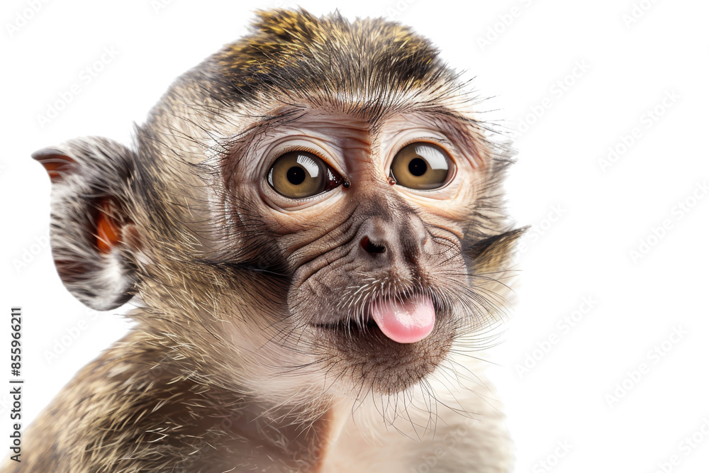 Obraz premium Close-up of a playful monkey sticking out its tongue against a transparent background. Humorous animal expression showcasing personality and curiosity.