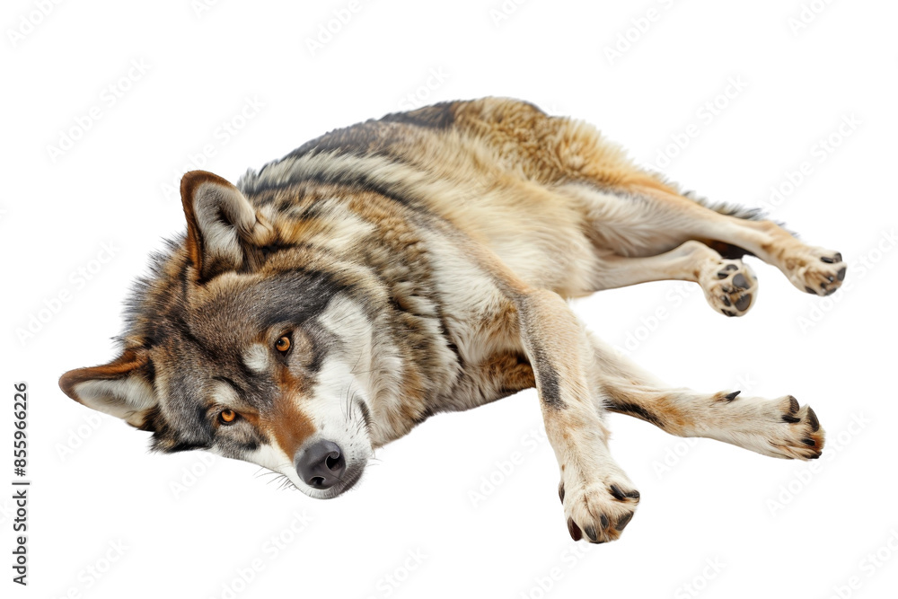 Close-up of a relaxed wolf lying down on a transparent background. showcasing its majestic fur and captivating eyes. Close-up of a relaxed wolf lying down on a transparent background. showcasing its majestic fur and captivating eyes.