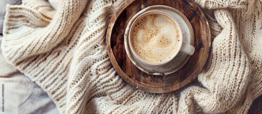 Cup of coffee on rustic wooden serving tray in the cozy bed with blanket. Knitting warm woolen sweater in the winter weekend, top view, vintage tone, Lifestyle Concept. Copy space image Cup of coffee on rustic wooden serving tray in the cozy bed with blanket. Knitting warm woolen sweater in the winter weekend, top view, vintage tone, Lifestyle Concept. Copy space image