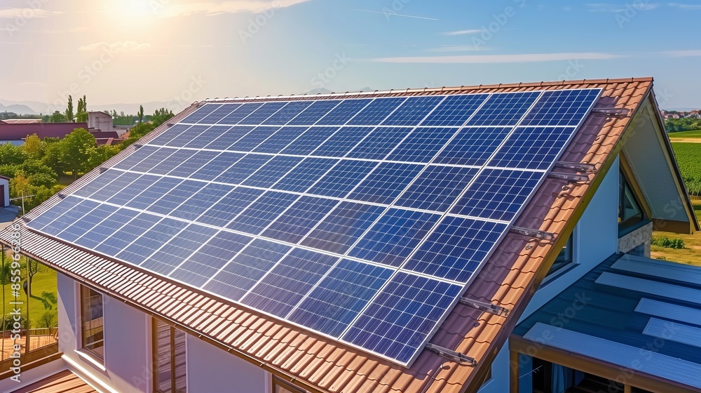 Renewable energy with solar panels on the roof for green energy production Renewable energy with solar panels on the roof for green energy production