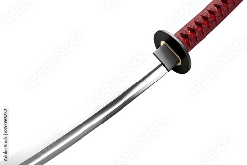 Close-up of a traditional Japanese katana sword with a sharp blade and red handle, isolated on a transparent background. © Rattanathip