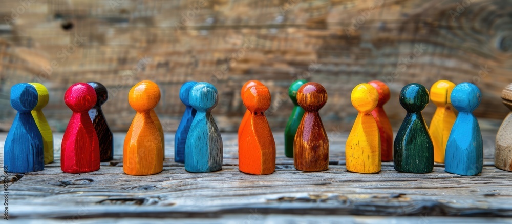 Fototapeta premium Diversity concept. Colored figures between wooden ones. Copy space image. Place for adding text and design