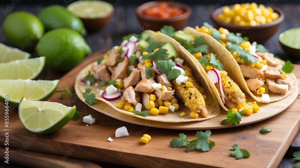 corn, lime wedges, and chicken tacos on a wooden board corn, lime wedges, and chicken tacos on a wooden board