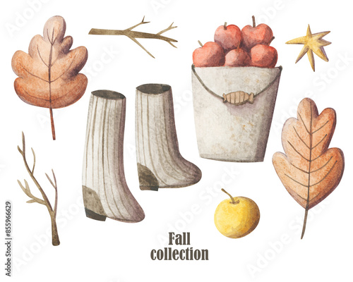 Cozy autumn elements hand painted set. Cold weather clipart collection