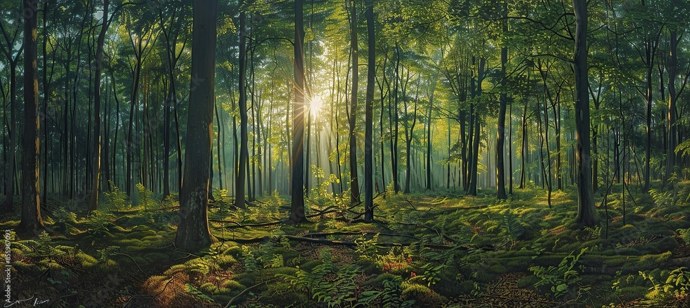 Fototapeta premium Sunbeams Filtering Through a Lush Forest