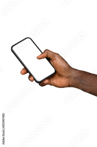Close-up of a african businessman hand holding a smartphone white screen is blank transparent background