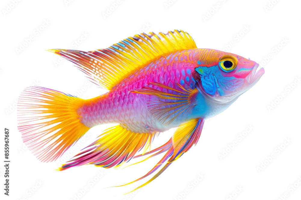 Vibrant tropical fish with colorful scales and flowing fins, isolated on transparent background. Perfect for aquatic-themed designs and concepts. Vibrant tropical fish with colorful scales and flowing fins, isolated on transparent background. Perfect for aquatic-themed designs and concepts.
