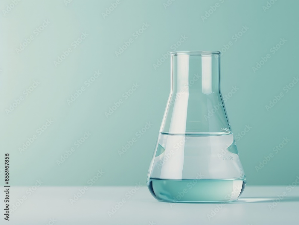 Minimalist Elegance: Single Beaker with Clear Liquid on Lab Bench Minimalist Elegance: Single Beaker with Clear Liquid on Lab Bench
