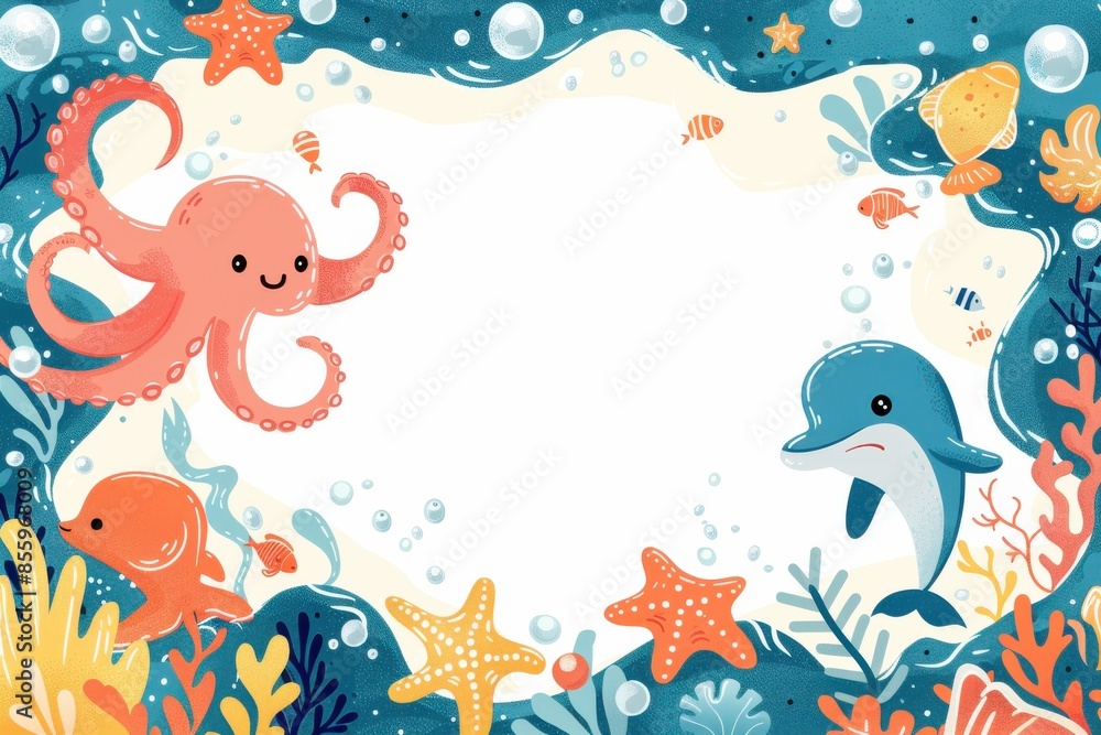 Fototapeta premium A colorful underwater scene with a frame of various sea creatures including a do