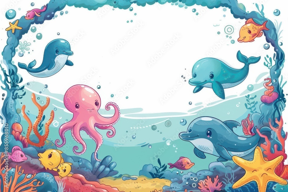 A colorful underwater scene with a frame of various sea creatures including a do A colorful underwater scene with a frame of various sea creatures including a do
