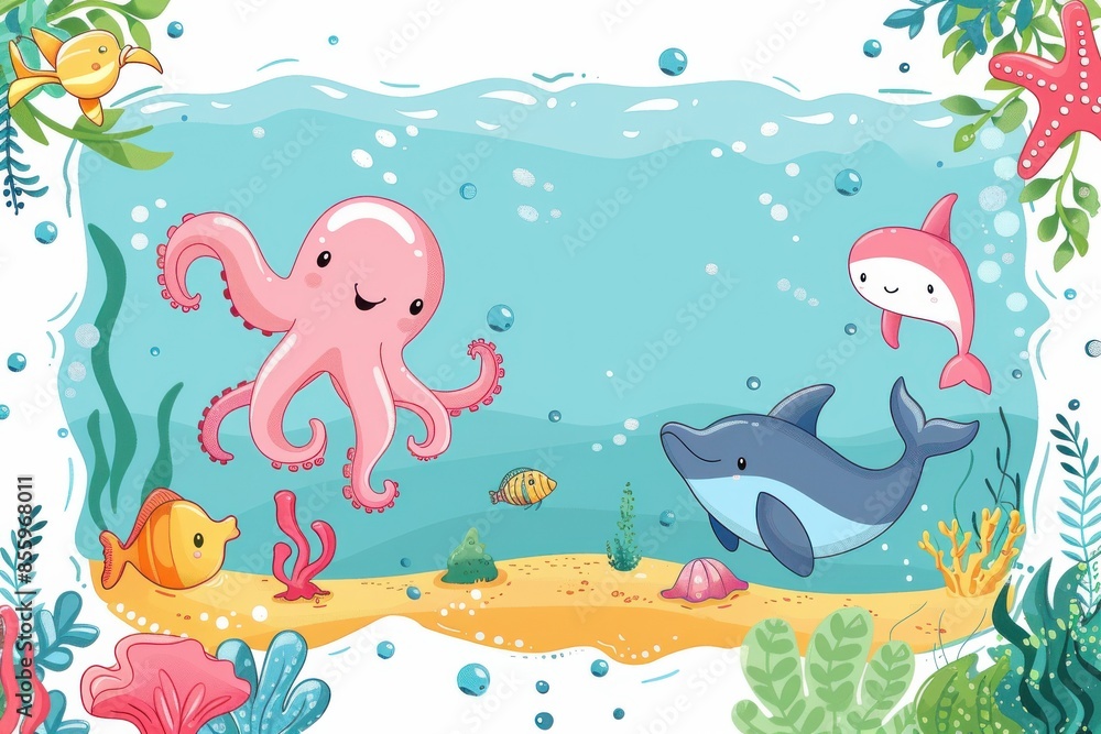 Fototapeta premium A colorful underwater scene with a frame of various sea creatures including a do
