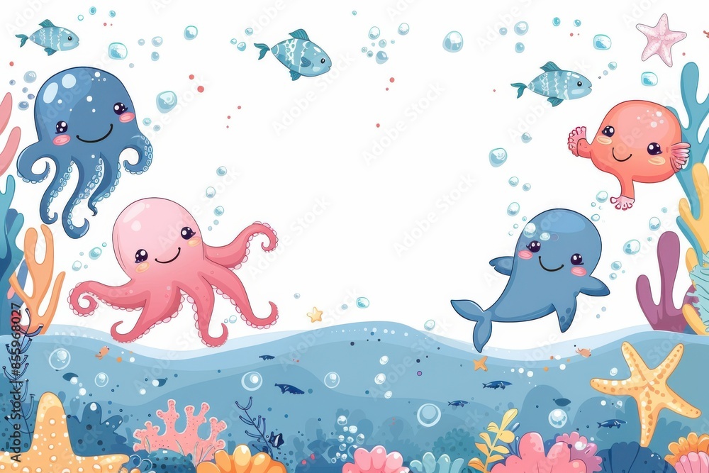 A colorful underwater scene with a frame of various sea creatures including a do A colorful underwater scene with a frame of various sea creatures including a do