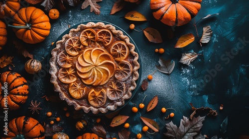 Top view of a delicious homemade pumpkin pie with orange slices on a blue table. The pie is decorated with fall leaves and spices. photo