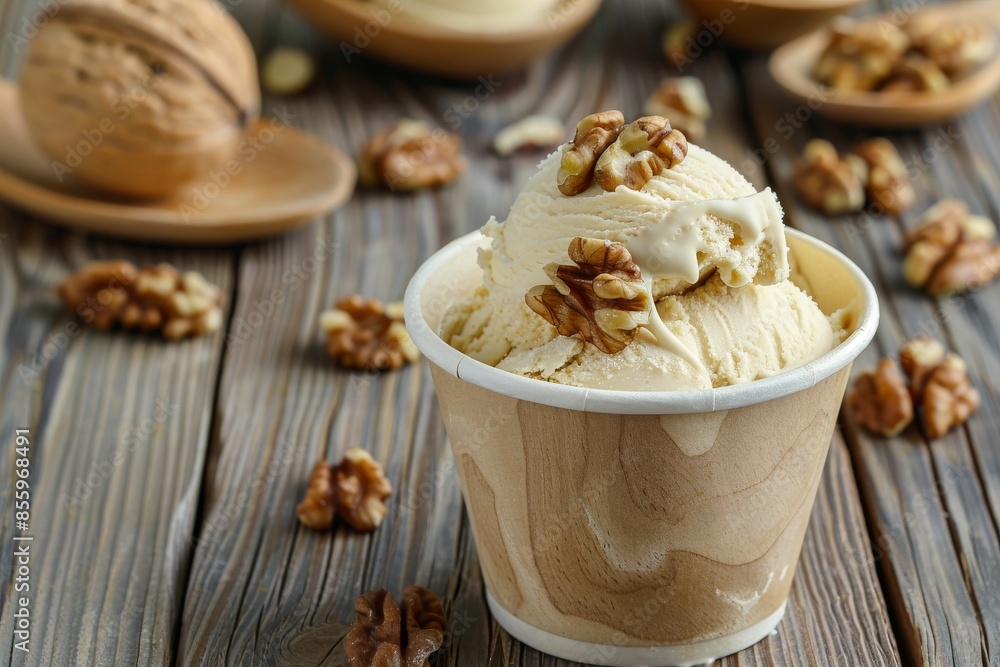 Studio shot of walnuts ice cream in paper cup Studio shot of walnuts ice cream in paper cup