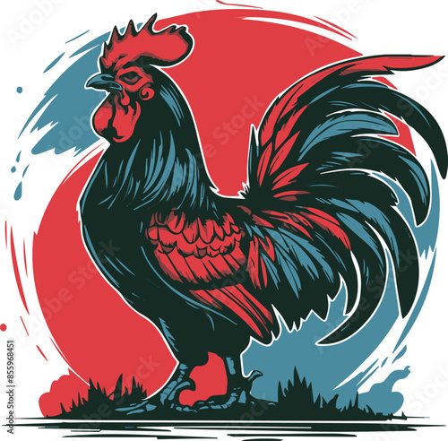 A colorful illustration of a rooster standing against a red and blue background