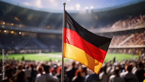 Eine Deutschlandflagge weht in einem vollen Stadion. photo