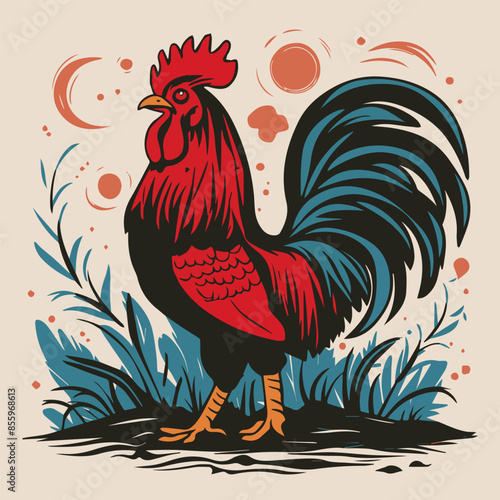 A stylized illustration of a rooster with a red comb and blue tail feathers standing in a lush garden