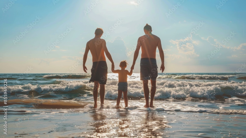 Father And His Children Enjoying The Beach Playing In The Ocean At Sunset, Father's Day Father And His Children Enjoying The Beach Playing In The Ocean At Sunset, Father's Day