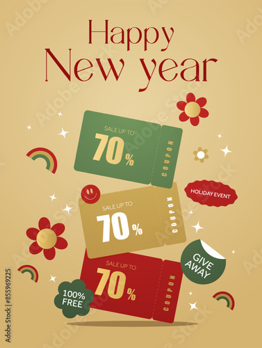 3d happy new year coupons giveaway banner template with sales off up to 70 percent, isolated on yellow background. Happy new year voucher, discount event gift card concept. Vector illustration. Vector