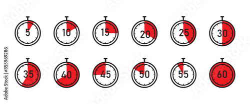 Countdown Timer Symbol Set, stopwatch icons set with different time. Timer, clock, Countdown timer symbol icon set. Sport, cooking, test, exam, competition, measurement stopwatch vector illustration.