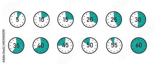 Countdown Timer Symbol Set,  stopwatch icons set with different time. Timer, clock,  Label cooking time.. Sport, cooking, test, exam, competition, measurement stopwatch vector illustration.