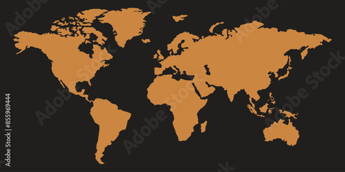 World map silhouette, brown and black color, flat design, world map template, vector illustration.