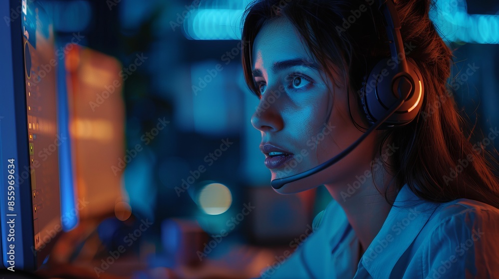 A woman working alone in a call center at night worries about her safety. She considers calling an emergency or legal service for help. She is wearing a headset to communicate. A woman working alone in a call center at night worries about her safety. She considers calling an emergency or legal service for help. She is wearing a headset to communicate.