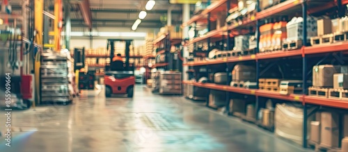 Blurred large hardware store with forklift. Defocused interior home improvement retailer warehouse with racks of tool, building material for house repair. Inventory, wholesale concept