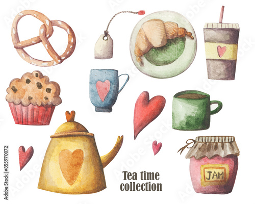 Cozy autumn elements hand painted set. Cold weather clipart collection
