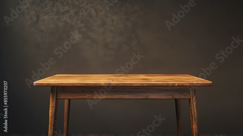 Rustic wooden table against a dark background. The table is made of natural wood and has a warm, inviting appearance. photo