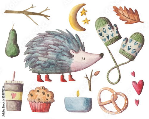Cozy autumn elements hand painted set. Cold weather clipart collection