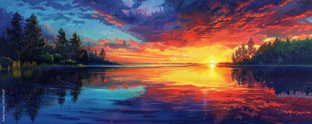 An artist capturing the beauty of a sunrise over a tranquil lake, with vibrant colors reflected in the calm waters. An artist capturing the beauty of a sunrise over a tranquil lake, with vibrant colors reflected in the calm waters.